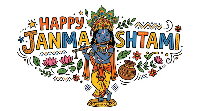 Colorful and festive illustration celebrating Janmashtami with Lord Krishna in traditional attire surrounded by decorative