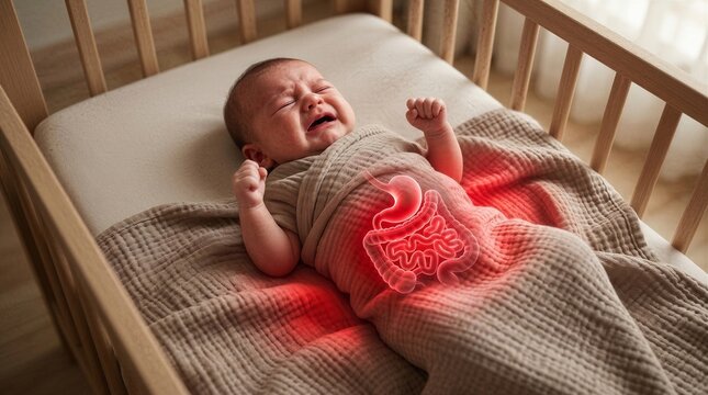 Crying baby in crib with highlighted abdomen showing stomach pain. Infant suffering from colic or digestive discomfort. Pediatric health medical concept and child illness diagnosis.