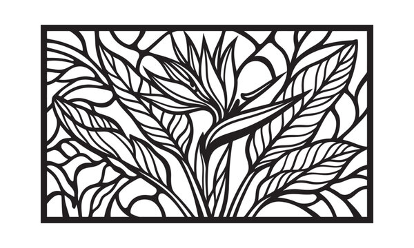 CNC Laser Cut Panel  File Bird of Paradise botanical laser cut design panel for CNC router decorative wall art stencil tropical floral foliage pattern vector illustration
