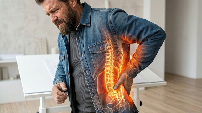 Man with back pain touching lower spine. Human skeleton illustration showing injury or inflammation area. Chronic ache, healthcare problem, medical treatment and spinal column diagnosis.