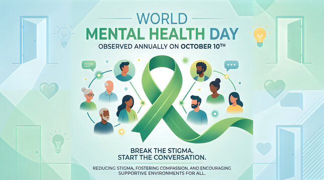 World mental health day awareness poster design with green ribbon and diverse group of people