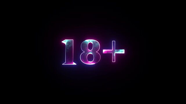 18 plus neon glowing text sign on dark background a displaying the 18 symbol, featuring purple