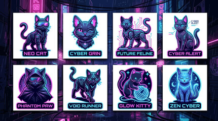 Fototapeta premium Collection of eight unique cybernetic cat illustrations with futuristic and neon aesthetics.