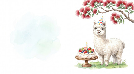 Fototapeta premium Happy birthday greeting card, watercolor cute alpaca in party hat with Pavlova cake under Pohutukawa tree, copy space background