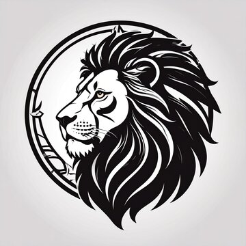 Black and white portrait of a fierce lion with flowing mane.