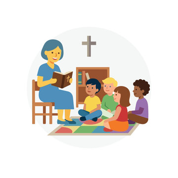 Children's Bible Study: Teacher Reads to Diverse Group of Kids