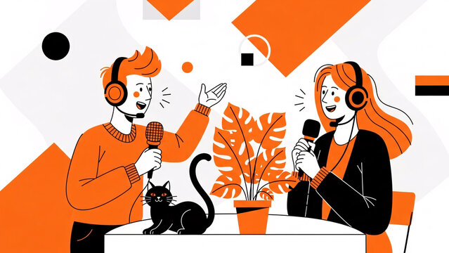 People recording podcast at table with microphones and cat in flat vector graphic illustration style