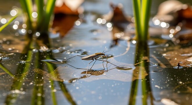 Tiny Water Strider Standing on Calm Pond Surface Among Green Reeds