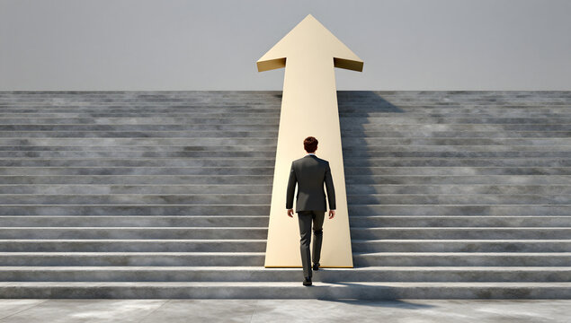 Ascending to Success: A determined businessman in a suit ascends a grand staircase, led by a golden arrow symbolizing progress and future achievement.