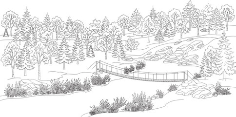 Fototapeta premium Forest Landscape Line Art with Suspension Bridge River and Woodland Trees Vector Illustration for Nature Designs