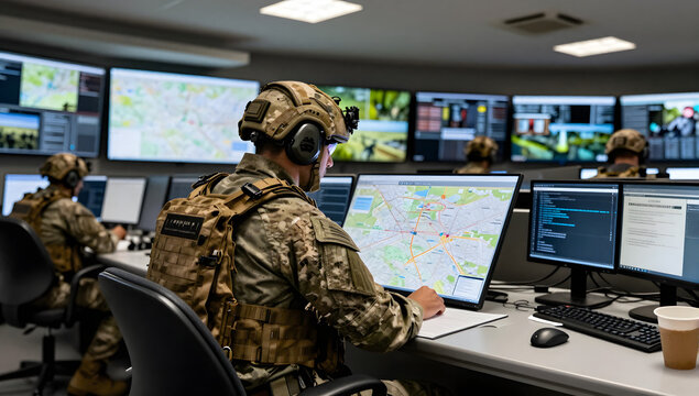 Strategic Command Center: Soldiers in tactical gear focus intently on multiple computer screens displaying maps and data within a high-tech command center.