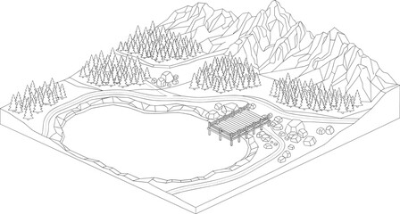 Fototapeta premium Isometric Mountain Landscape Line Art with Forest Lake Wooden Pier and Scenic Nature Vector Illustration