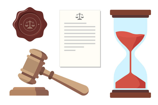 Law and justice vector element set with judge gavel, hourglass, legal document and wax seal isolated on white background