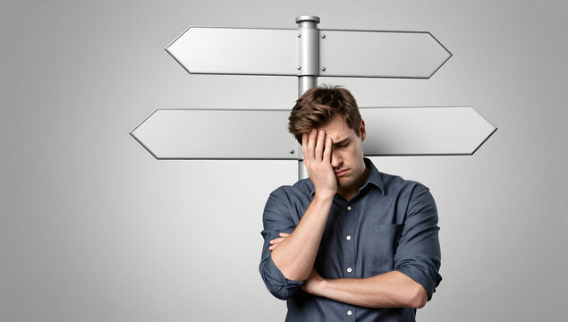 Confused Traveler: A man stands with a look of distress and confusion in front of a fork in the road with two blank signs, symbolizing indecision and uncertainty about the future.
