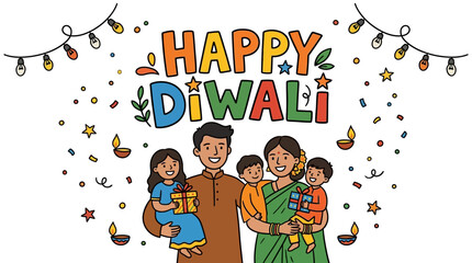 Fototapeta premium Joyful family celebrating Diwali with colorful decorations and gifts, spreading happiness during the festival of lights with