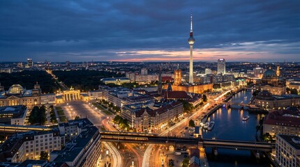 Obraz premium Illuminated Berlin Skyline Glowing at Blue Hour Along the Spree River
