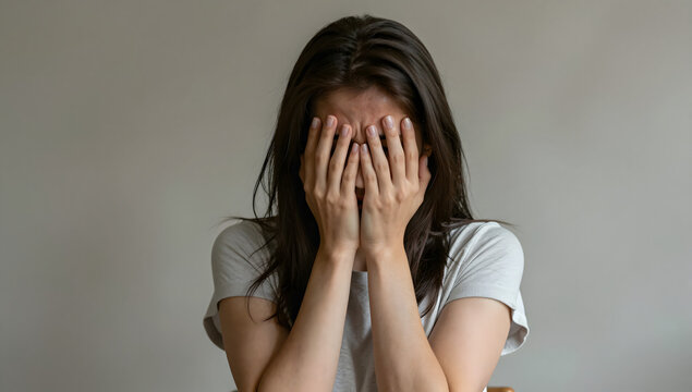 Hidden Emotion: A young woman hides her face in her hands, her expression concealed, conveying a sense of distress or overwhelming emotion.