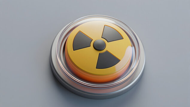 Nuclear Warning Button: A close-up shot of a large, orange, and yellow nuclear warning button under a clear protective cover, symbolizing danger and critical alerts.