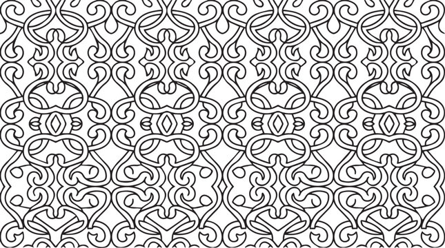 Abstract ornate filigree linear background with interlocking black and white classic shapes