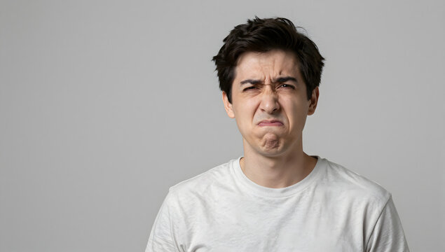 Disgusted Man Grimace: A young man's face contorts in a disgusted grimace, wrinkling his nose and frowning as he recoils from something unpleasant.