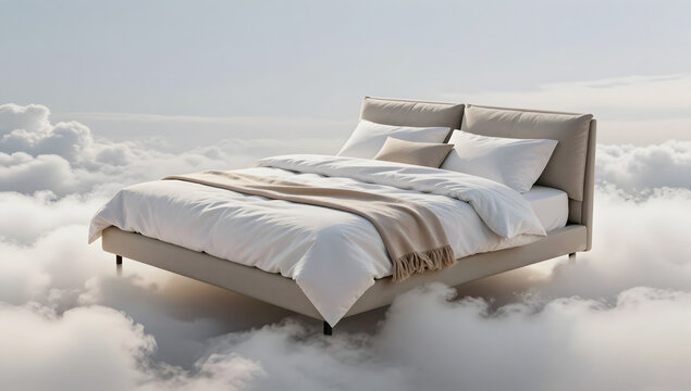 Dreamscape Bed in the Clouds: A plush, inviting bed floats serenely amidst a sea of soft, ethereal clouds, offering a vision of ultimate comfort and tranquil repose.