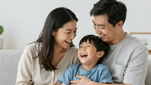 Joyful Family Moment: A smiling Asian mother, father, and son share a heartwarming moment, their laughter echoing with love and happiness.