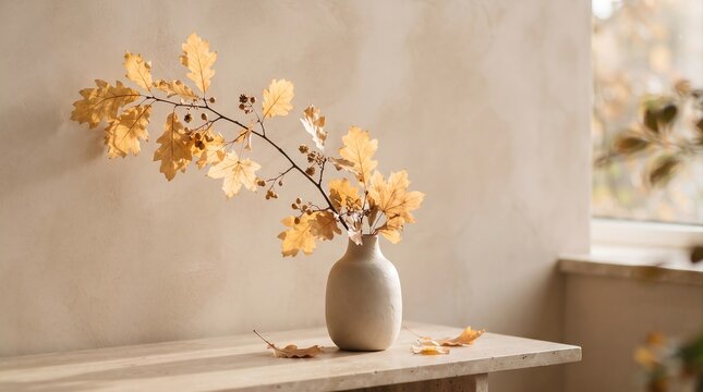A simple white ceramic vase holds a branch of oak leaves (genus Quercus) with a golden-brown hue, placed on a light wooden tabletop