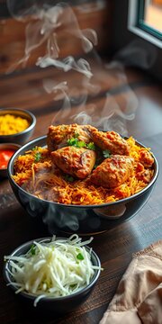 Steaming Chicken Rice Dish in Bowl
