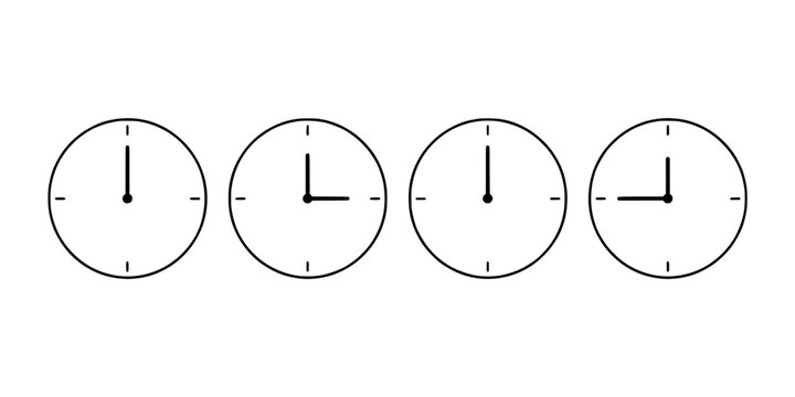 Four Analog Clocks in a Row, Each Displaying a Different Time, Isolated on White Background Featuring Clock, Illustration, Design