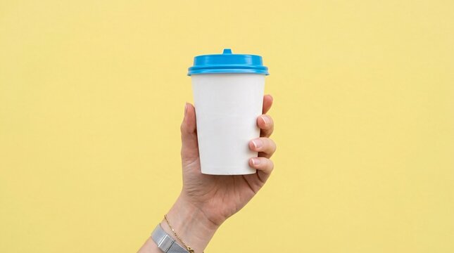 Woman hand holding white paper cup with blue lid against yellow background for beverage branding identity presentation mockup and takeaway coffee advertising concept