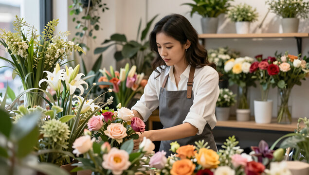Florist arranging flowers in shop