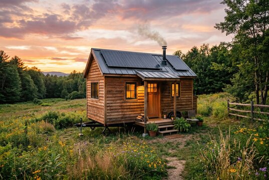 Cozy wooden tiny house with roof solar panels parked in a lush green meadow field