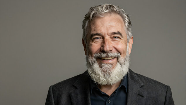 Elderly Man with Distinguished Beard and Smile: A distinguished elderly man with a thick grey beard and kind eyes smiles warmly, exuding wisdom and approachability.