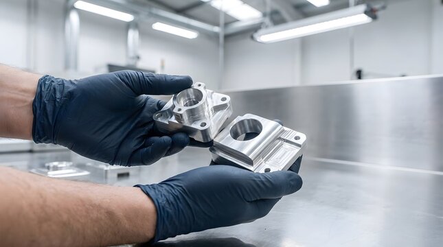 Industrial worker inspecting precision machined metal parts in a factory.