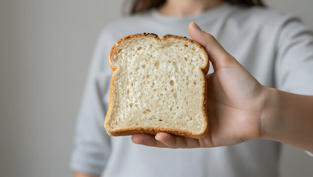 Slice of Fresh Bread Held Gently: A person's hand delicately holds a soft, white slice of bread, showcasing its texture and inviting appeal. A simple, wholesome moment captured.