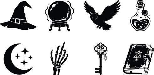 Naklejka premium Halloween Magic Icons Set with Witch Hat Crystal Ball Owl Potion Book and Mystical Symbols Collection