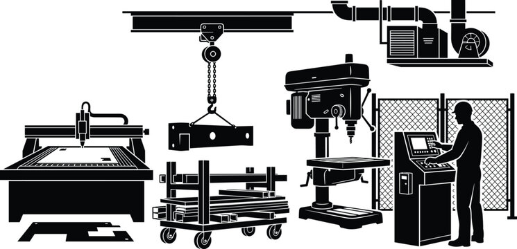 Industrial Manufacturing Machinery Silhouette Set with CNC Machine Drill Press Crane and Factory Equipment Vector Collection