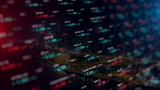 3D stock market data visualization with floating green and red numbers above a modern aerial night cityscape.