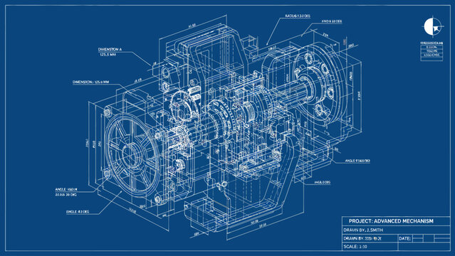 Industrial Engineering Schematic Drawing of a Complex Machinery Gearbox Mechanism