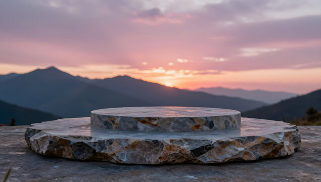 Stone Pedestal with Mountain Sunset