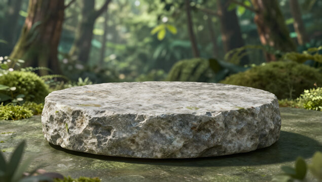 Stone Pedestal in Lush Forest: An ancient, textured stone pedestal sits nestled in a vibrant, sun-dappled forest clearing, surrounded by mossy rocks and lush foliage.