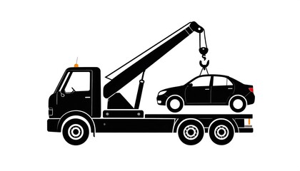 Naklejka premium Black Tow Truck Lifting Sedan Car on Flatbed in Isolated White Background