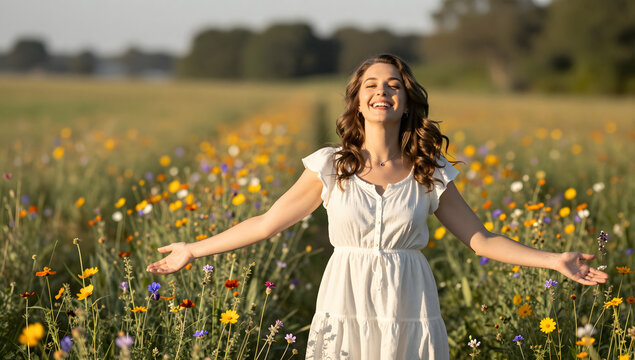 Serene Meadow Bliss: A woman in a white dress embraces the open field, her arms outstretched, eyes closed in pure contentment amidst a vibrant meadow of wildflowers.