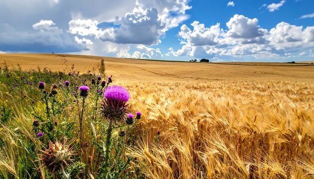 Golden Wheat Field Ripening Under Dramatic Cloudy Sky in Open Rural Countryside