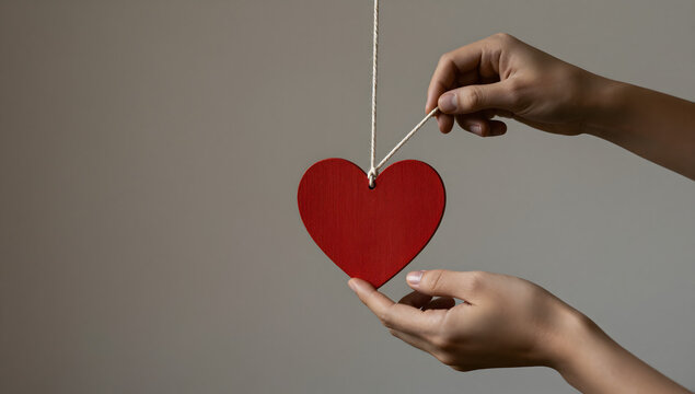 Holding a Red Heart: Two hands gently hold and adjust a suspended red heart, symbolizing love, care, and affection. The minimalist composition evokes warmth and tenderness.