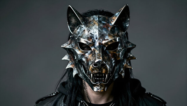 Mysterious Wolf Mask: A person wearing a striking, metallic wolf mask with sharp features and a distressed finish, exuding an aura of mystery and power.