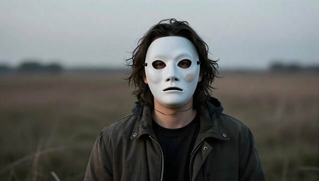 Anonymous Identity: A person stands in an open field wearing a blank white mask, their identity concealed, creating an aura of mystery and introspection.