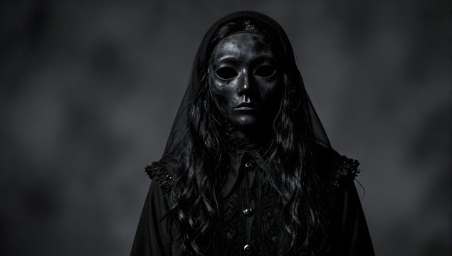 Mysterious Figure in Shadow: A haunting figure shrouded in darkness, their face obscured by a veil and painted black, evokes a sense of mystery and intrigue. A dark.