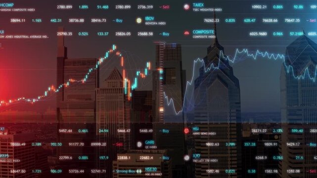 City skyscraper silhouettes at dusk combined with stock market candlestick charts and financial trading data.