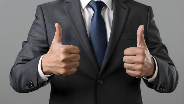 A Businessman Giving Thumbs Up: A man in a sharp suit and tie gives a double thumbs-up gesture, conveying confidence and approval in a professional setting.